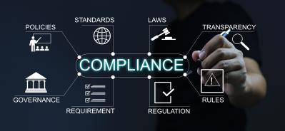 Graphic representation of compliance with a central focus on policies, standards, laws, governance, requirements, regulations, transparency, and rules. A hand interacts with a digital interface that visualizes the relationships between regulatory requirements.